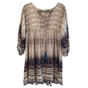 Umgee Boho Geometric Print Tassel Tie V-Neck Tunic Babydoll Dress Small Mens‎